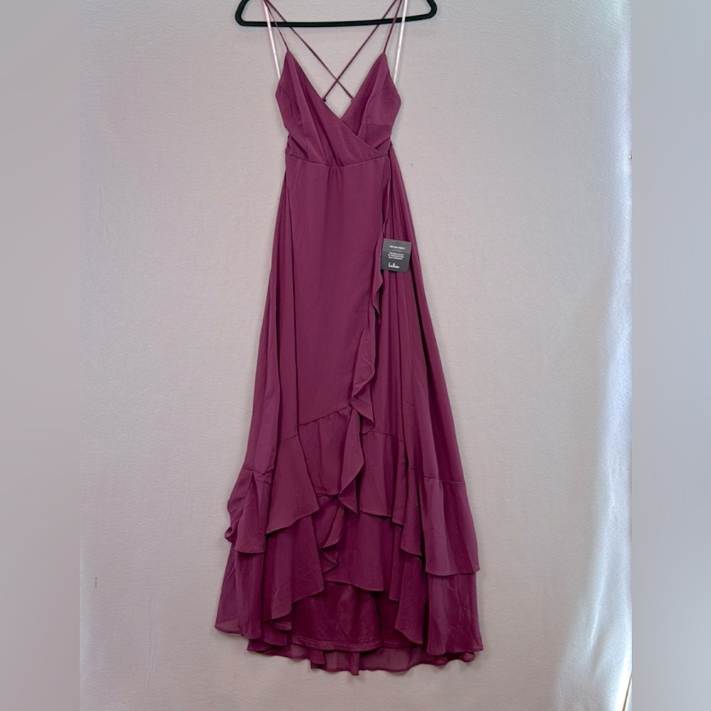 Lulus - NWT women's In Love Forever plum lace up high low Maxi Shiffon Dress XS - Picture 9 of 12